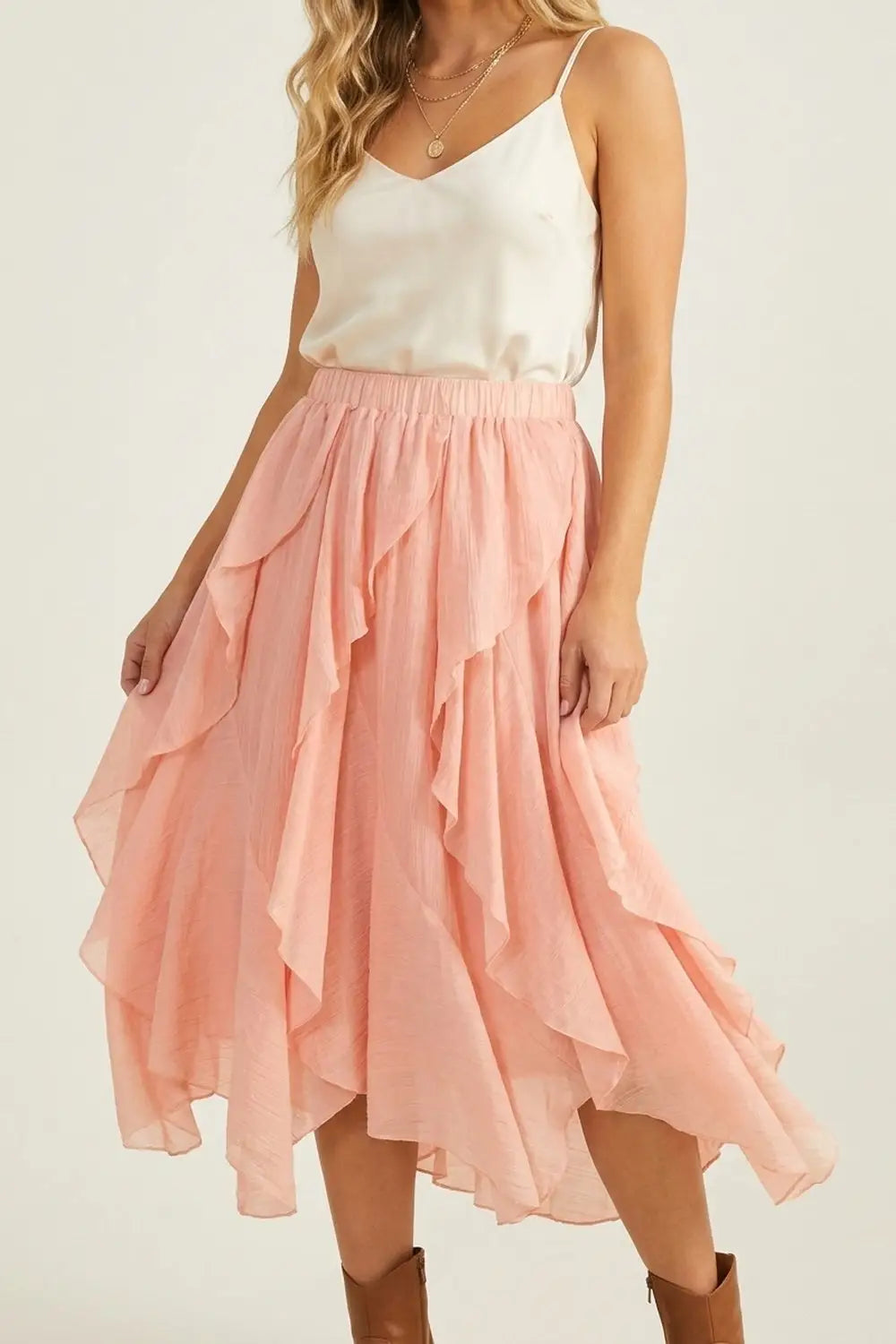 Pink Lightweight Woven Ruffle Tiered Asymmetrical Midi Skirt - Skirts