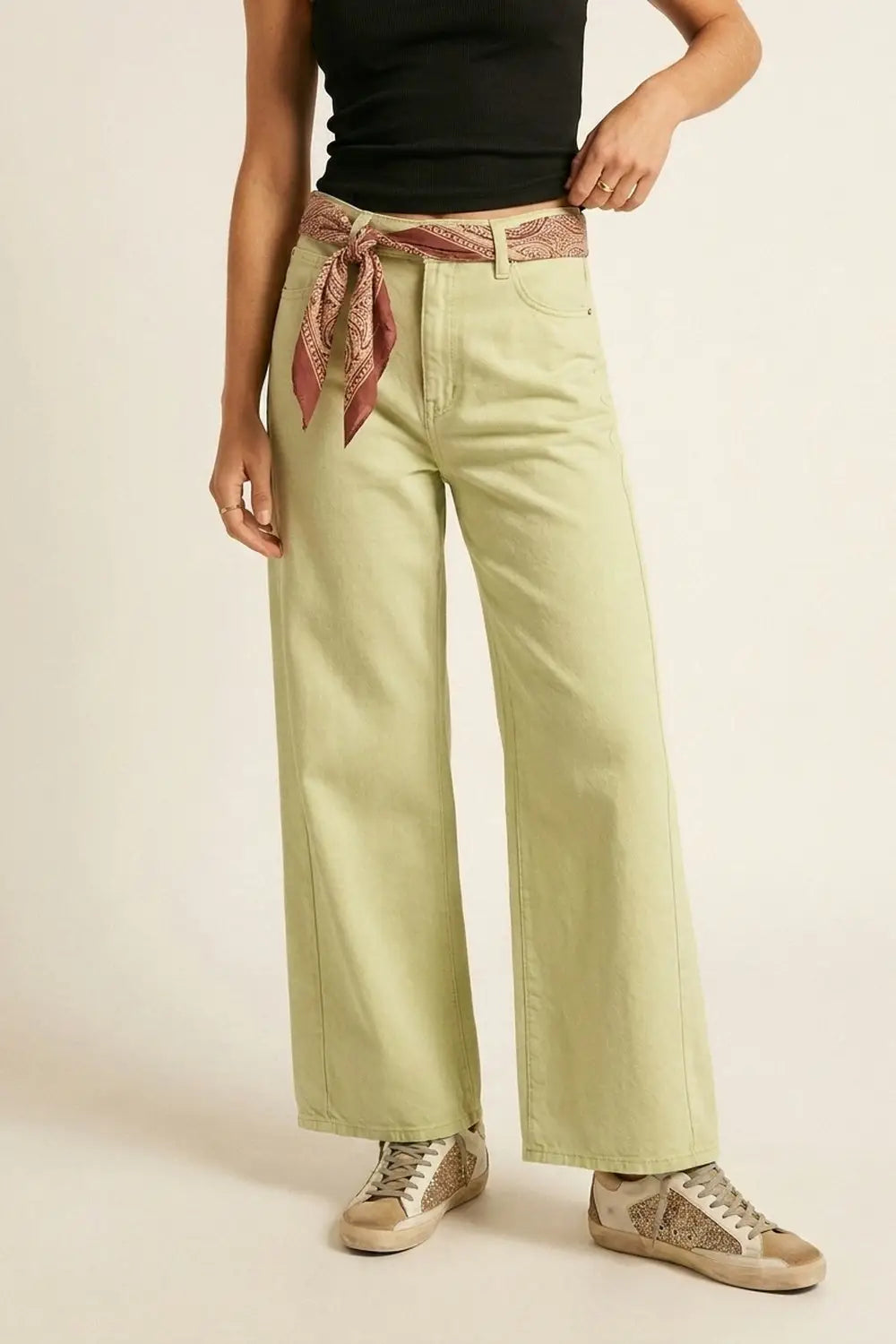 Extra Wide-Leg elastic Cotton Twill Pants in Mint green - Colored Jeans