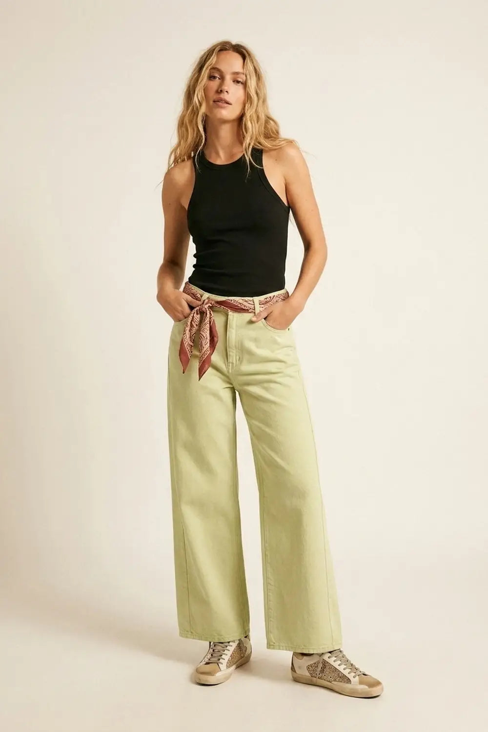 Extra Wide-Leg elastic Cotton Twill Pants in Mint green - Colored Jeans