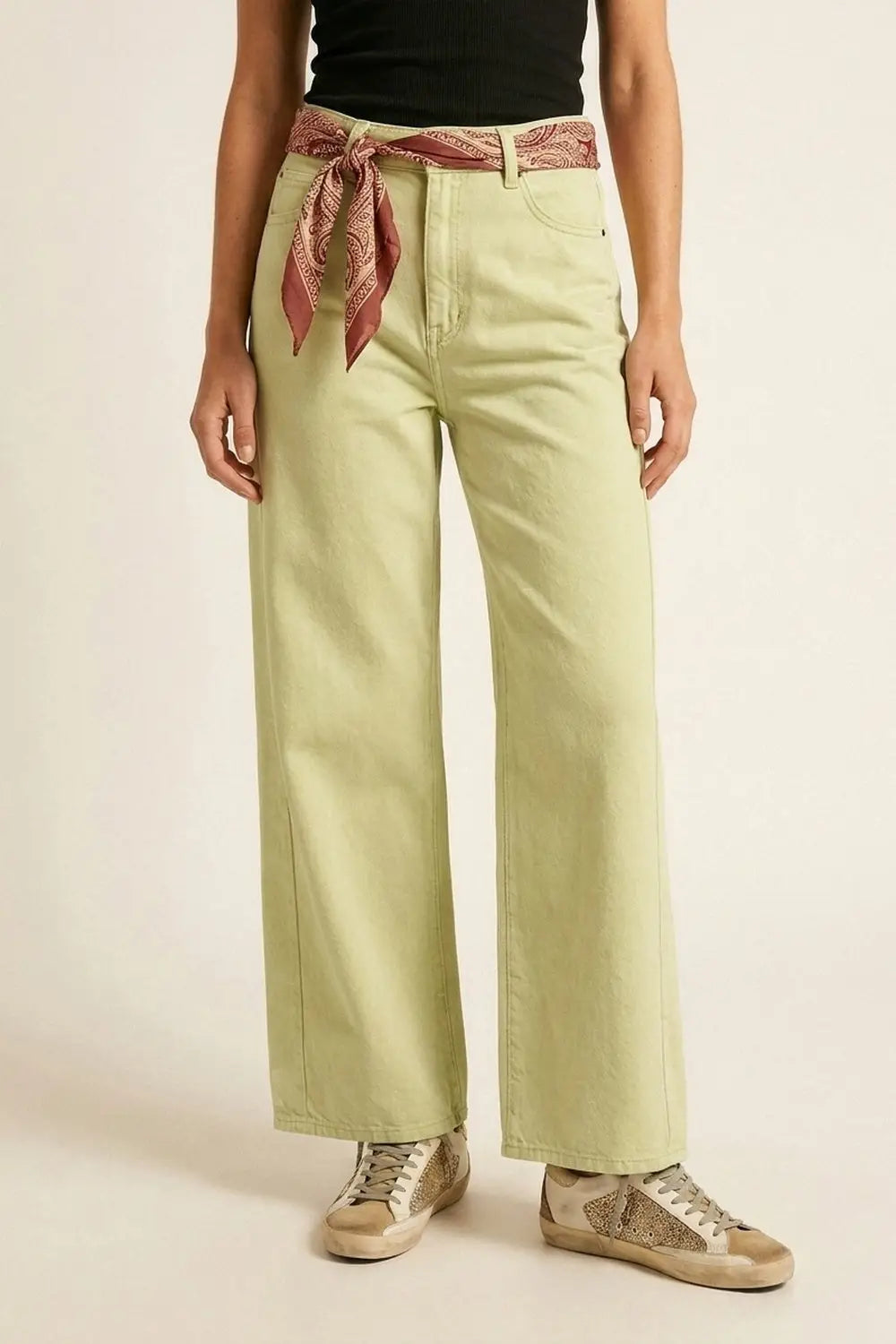 Extra Wide-Leg elastic Cotton Twill Pants in Mint green - Colored Jeans