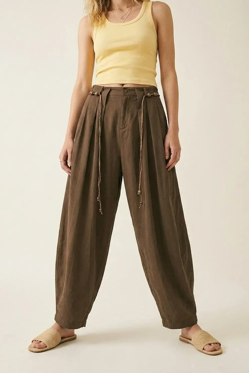 Brown Relaxed Fit Wide-Leg Drawstring Pants - Pants