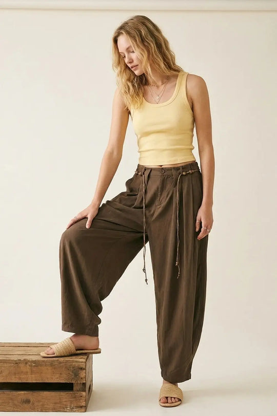 Brown Relaxed Fit Wide-Leg Drawstring Pants - Pants