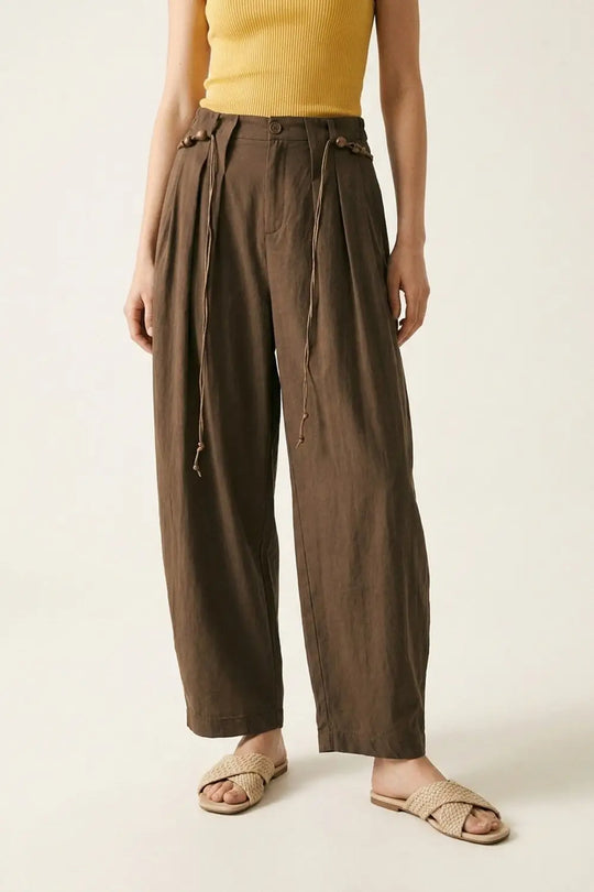 Brown Relaxed Fit Wide-Leg Drawstring Pants - Pants