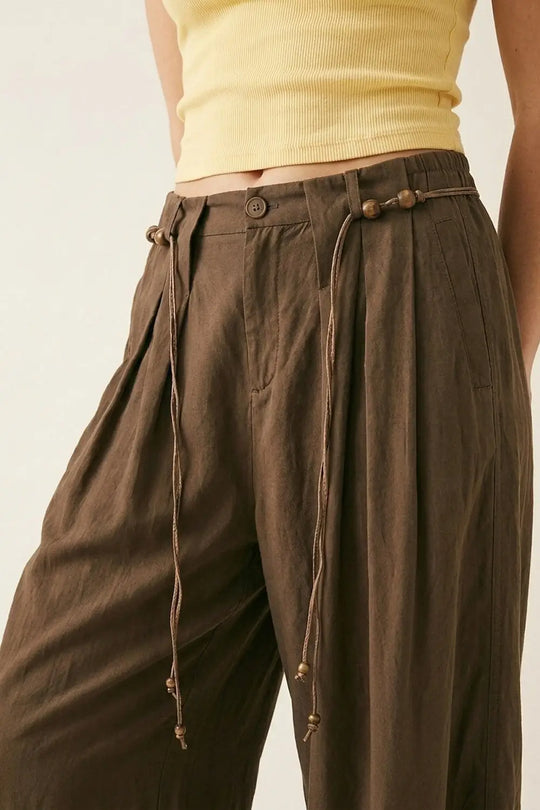 Brown Relaxed Fit Wide-Leg Drawstring Pants - Pants