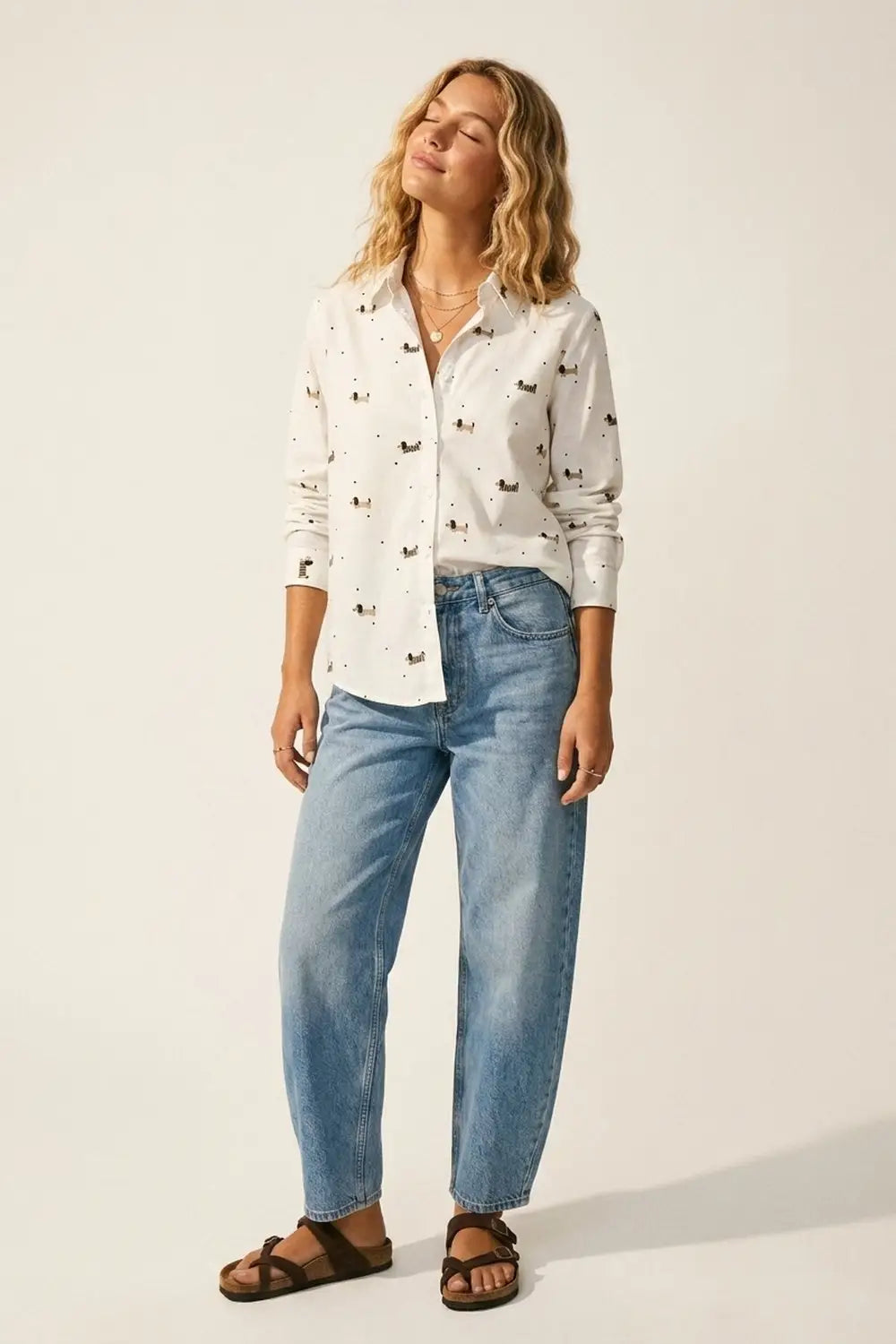 White Button-Up Shirt with Playful Dog Print - Shirts