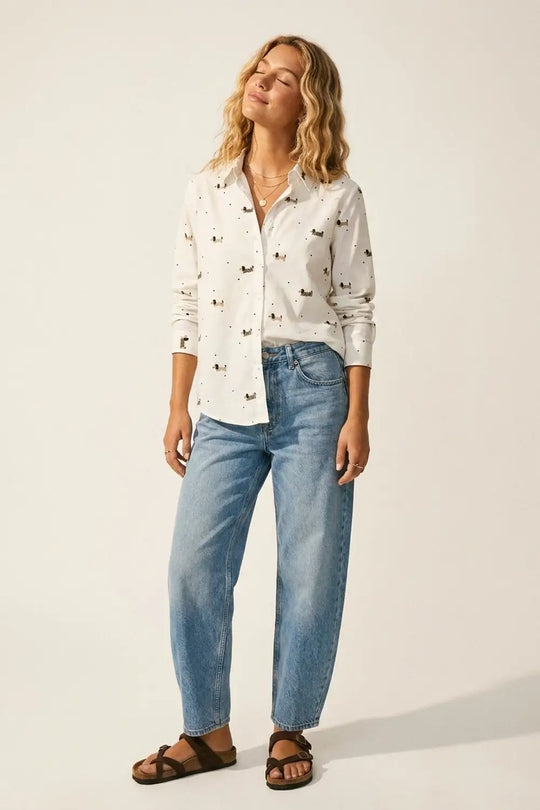 White Button-Up Shirt with Playful Dog Print - Shirts