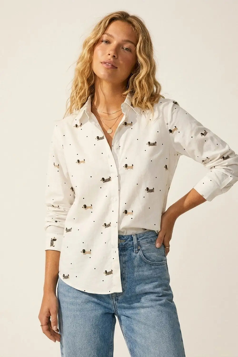 White Button-Up Shirt with Playful Dog Print - Shirts