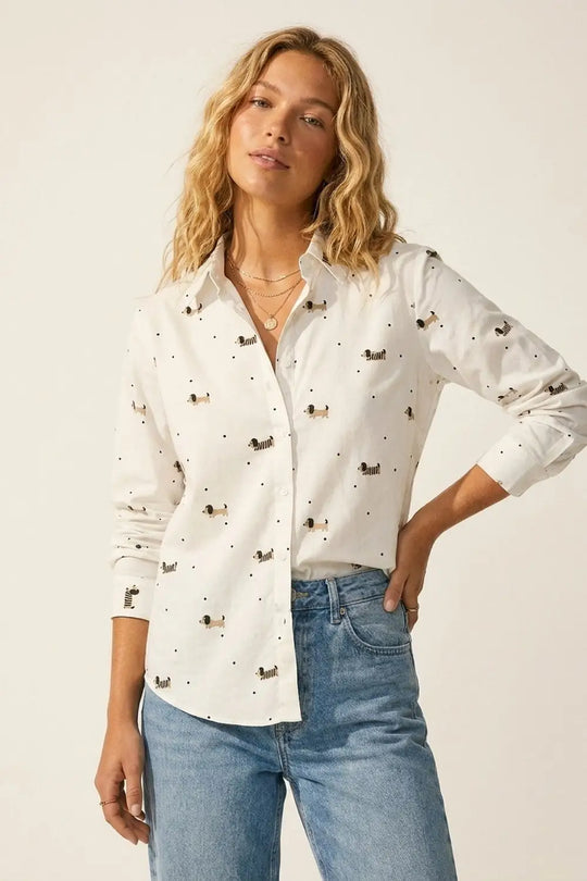 White Button-Up Shirt with Playful Dog Print - Shirts