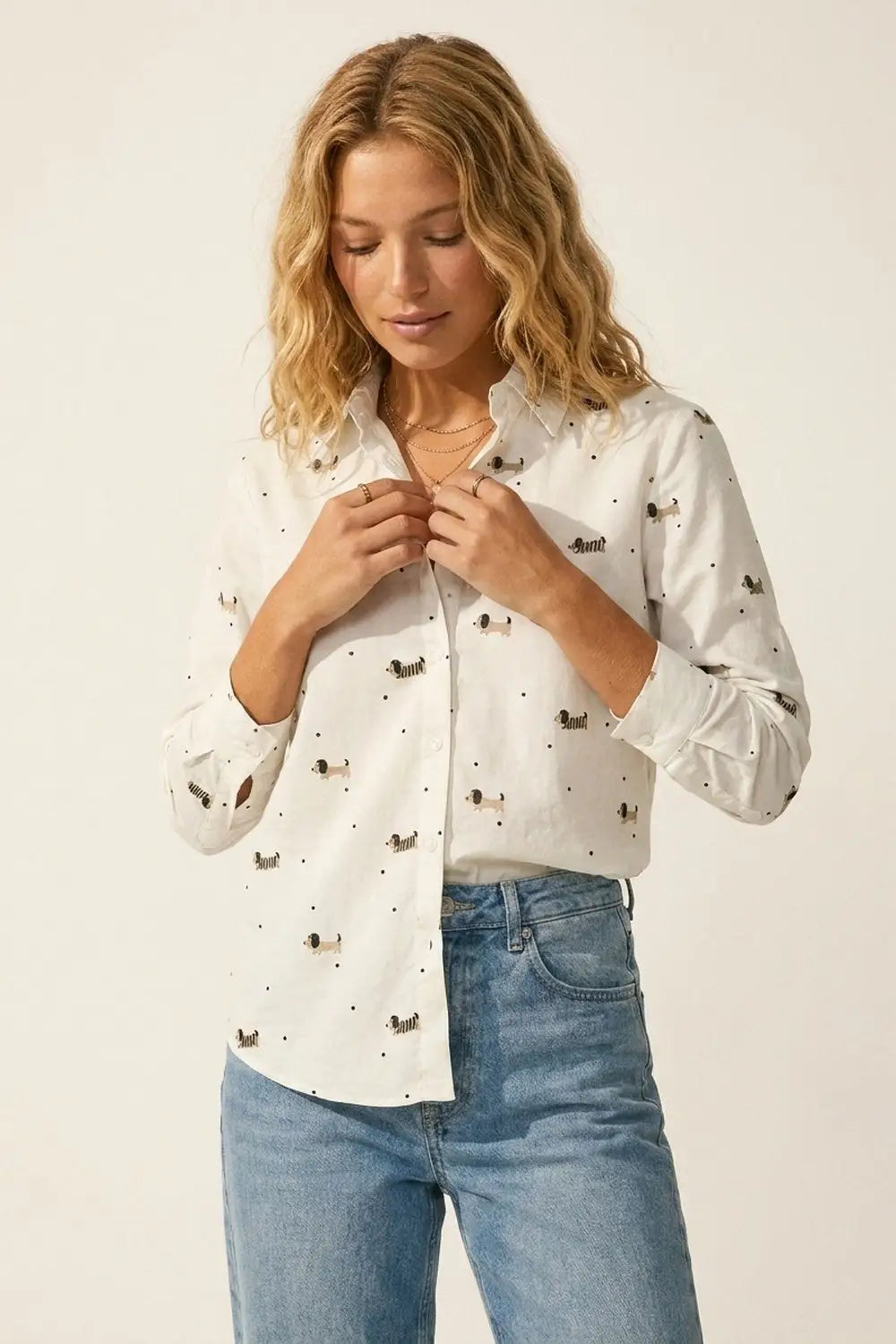 White Button-Up Shirt with Playful Dog Print - Shirts