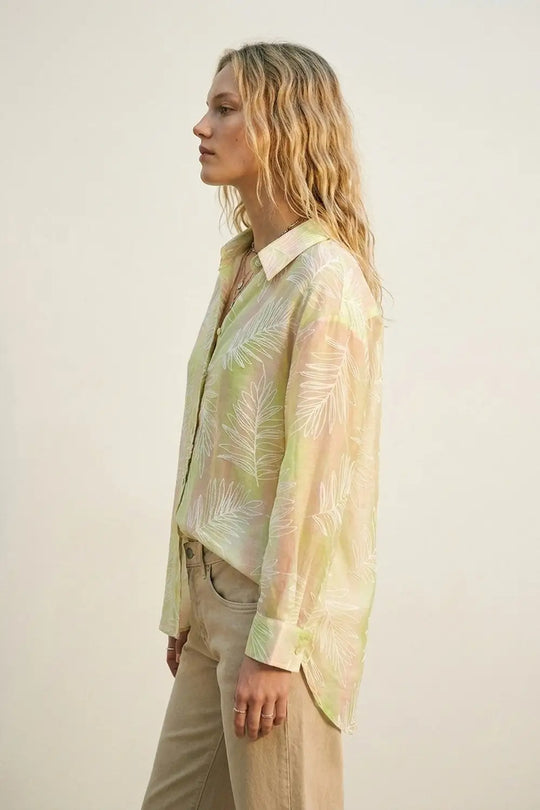 Green Sheer Leaf Print Button-Up Shirt with translucent fabric - Shirts