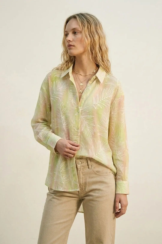 Green Sheer Leaf Print Button-Up Shirt with translucent fabric - Shirts