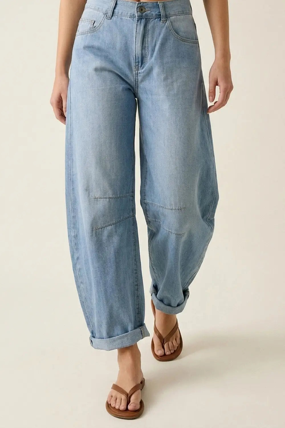 Light Wash Barrel Jeans With Knee Seam Detail
