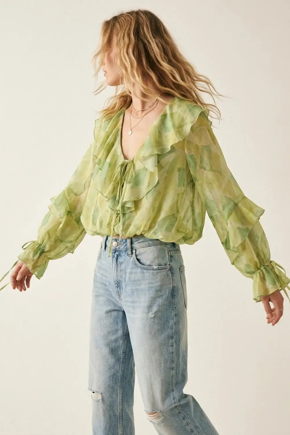 Light Green Ruffled Tie-Front Sheer Blouse - Tops