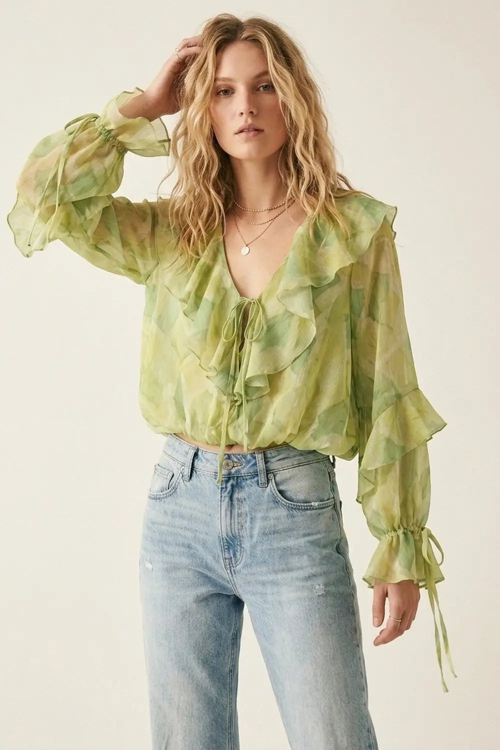 Light Green Ruffled Tie-Front Sheer Blouse - Tops
