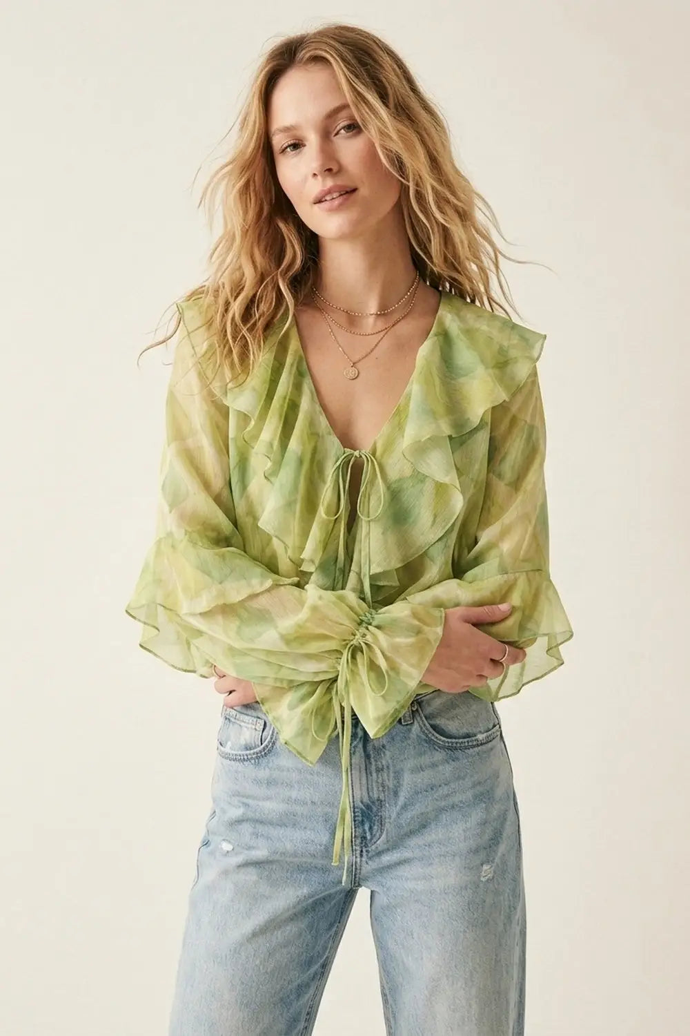 Light Green Ruffled Tie-Front Sheer Blouse - Tops