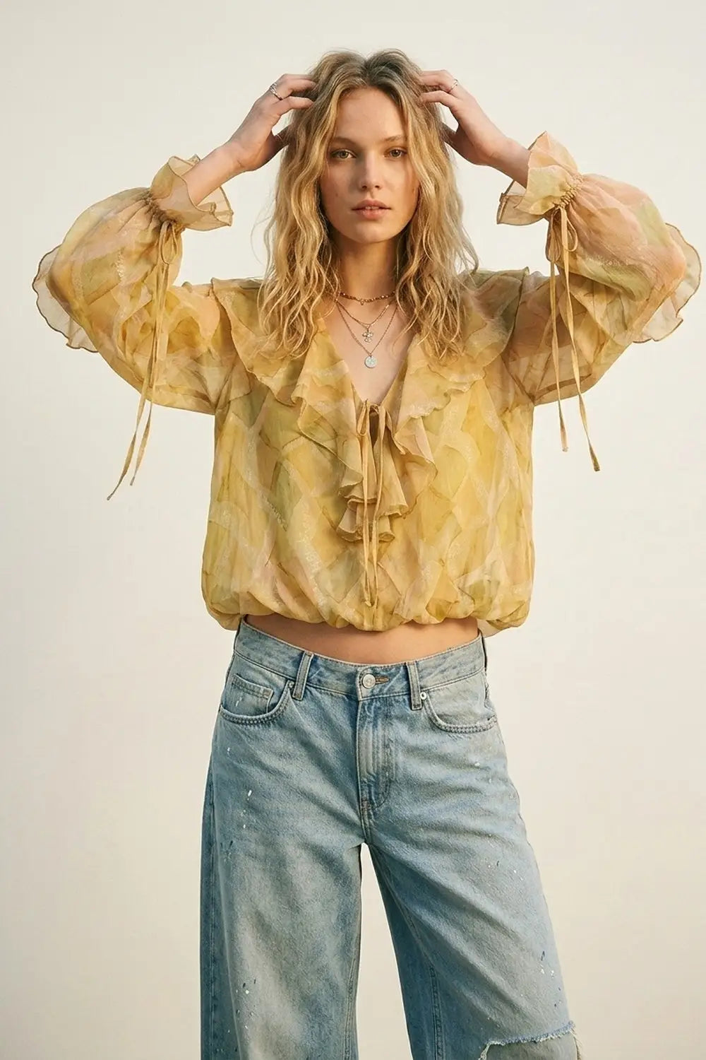 Mustard Ruffle Detail Sheer Blouse with Tie Front - Tops