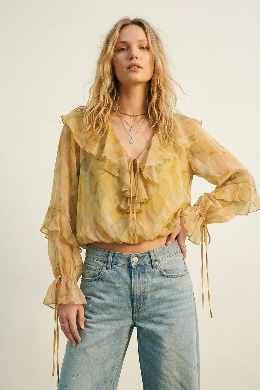 Mustard Ruffle Detail Sheer Blouse with Tie Front - Tops