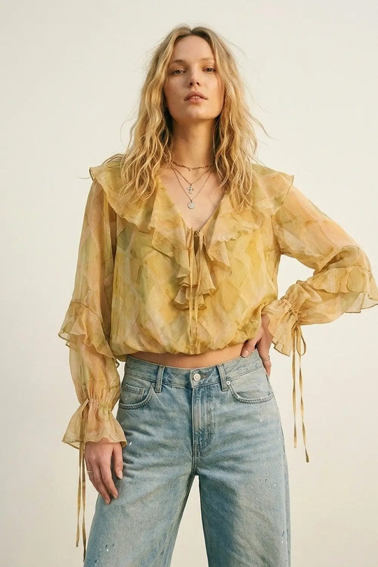 Mustard Ruffle Detail Sheer Blouse with Tie Front - Tops
