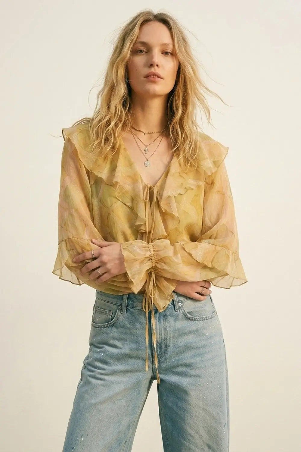 Mustard Ruffle Detail Sheer Blouse with Tie Front - Tops