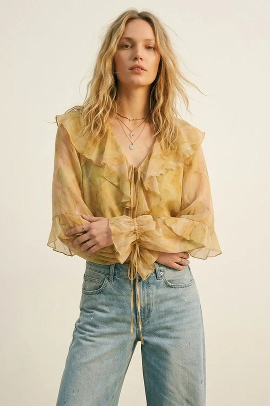 Mustard Ruffle Detail Sheer Blouse with Tie Front - Tops