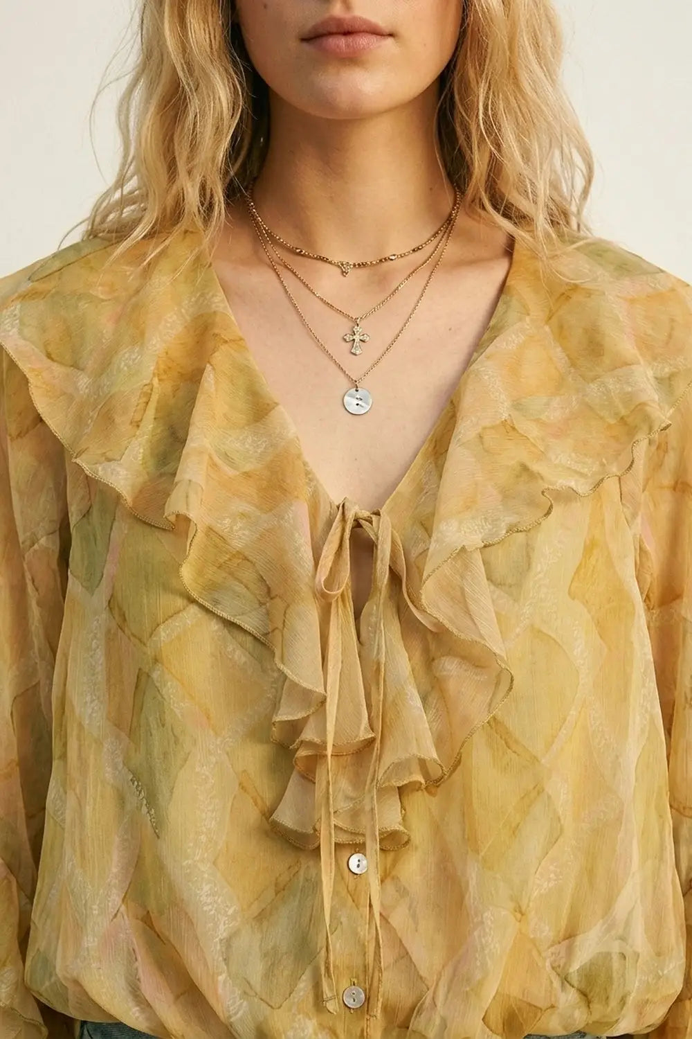 Mustard Ruffle Detail Sheer Blouse with Tie Front - Tops