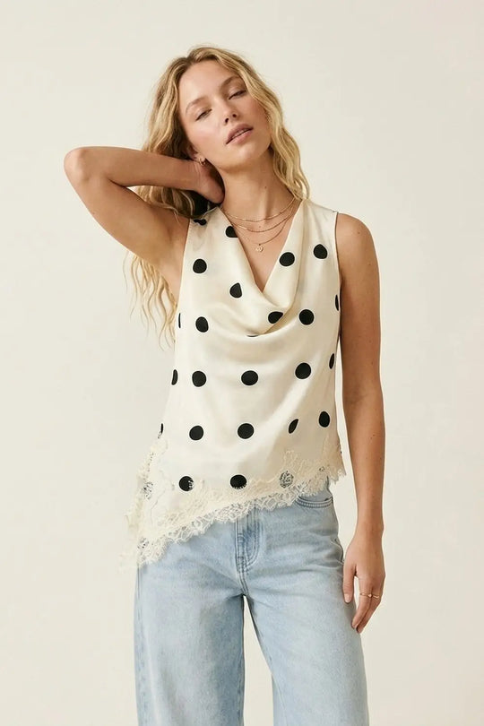 Cream Polka-Dot Satin Lace Trim Asymmetrical Sleeveless Top - Tops