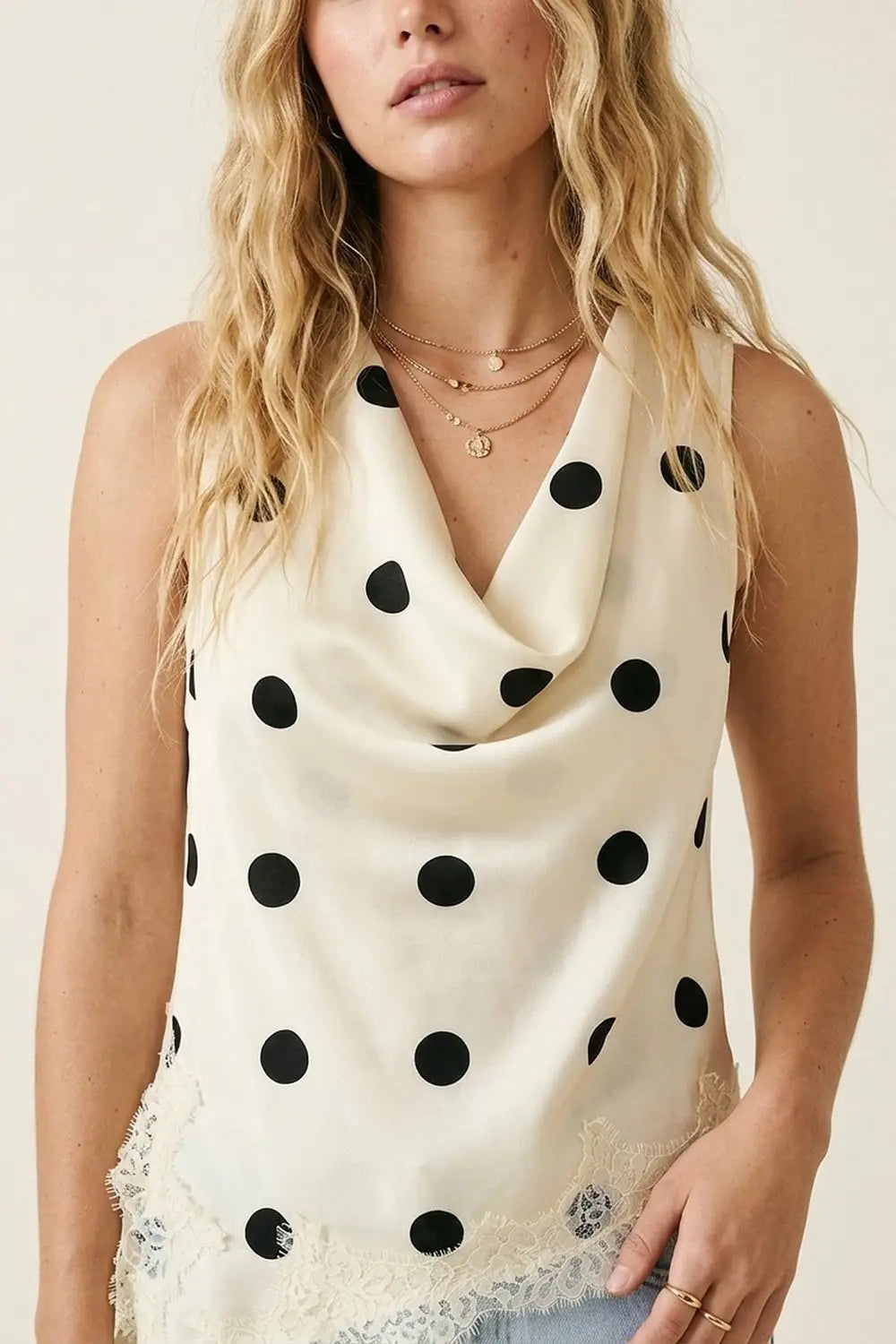 Cream Polka-Dot Satin Lace Trim Asymmetrical Sleeveless Top - Tops