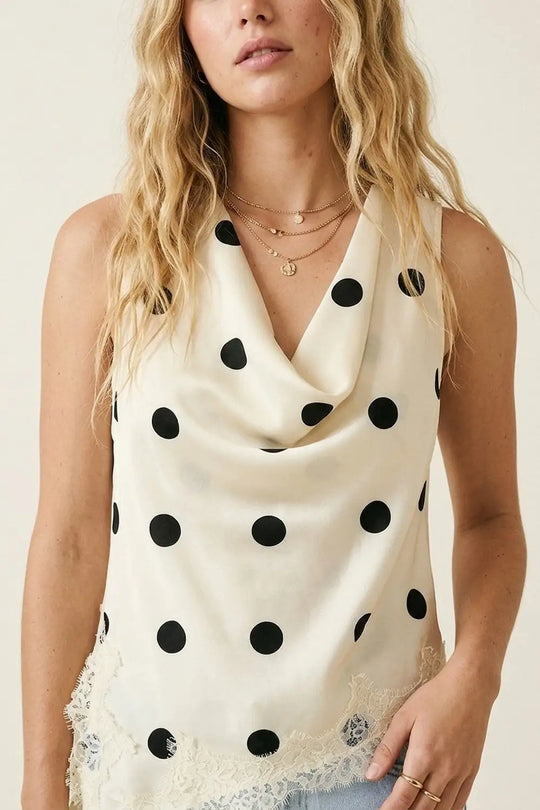 Cream Polka-Dot Satin Lace Trim Asymmetrical Sleeveless Top - Tops