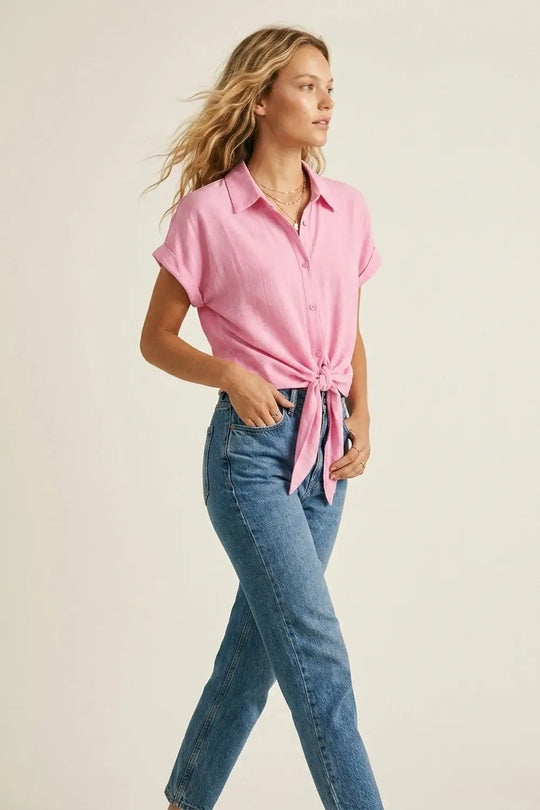 Pink Lightweight Woven Short Sleeve Shirt Top with Tie Front - Shirts