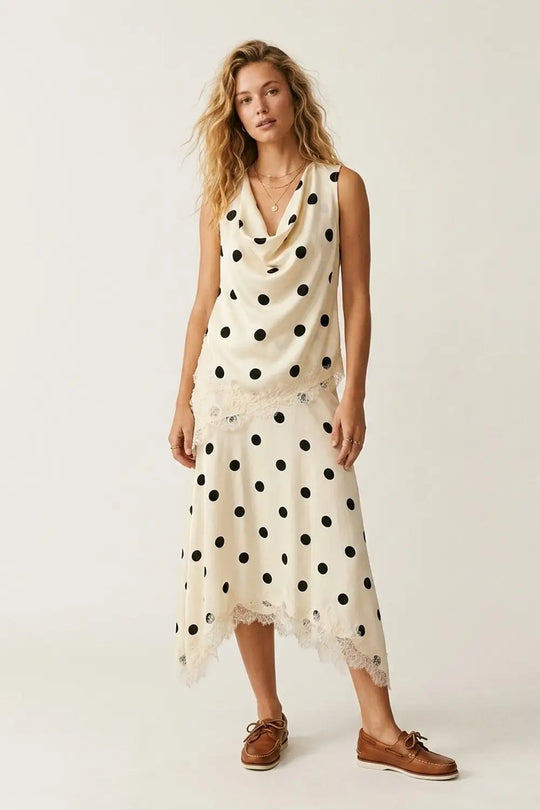 Cream Polka-Dot Print Satin Lace Trim Asymmetrical Midi Skirt - Skirts