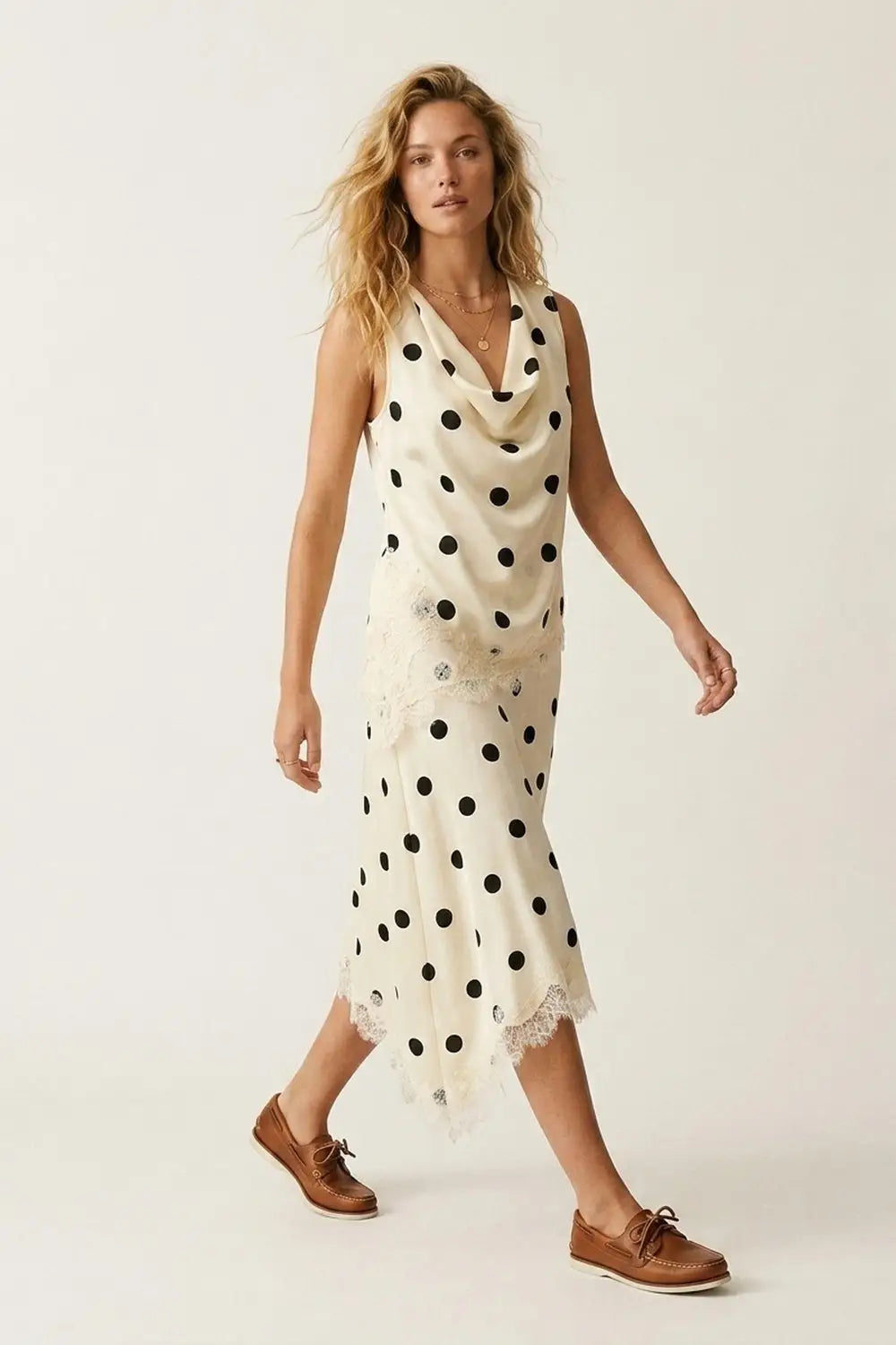 Cream Polka-Dot Print Satin Lace Trim Asymmetrical Midi Skirt - Skirts