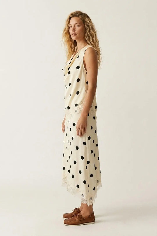 Cream Polka-Dot Print Satin Lace Trim Asymmetrical Midi Skirt - Skirts