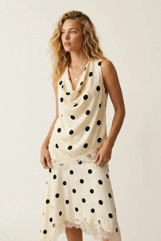 Cream Polka-Dot Satin Lace Trim Asymmetrical Sleeveless Top - Tops