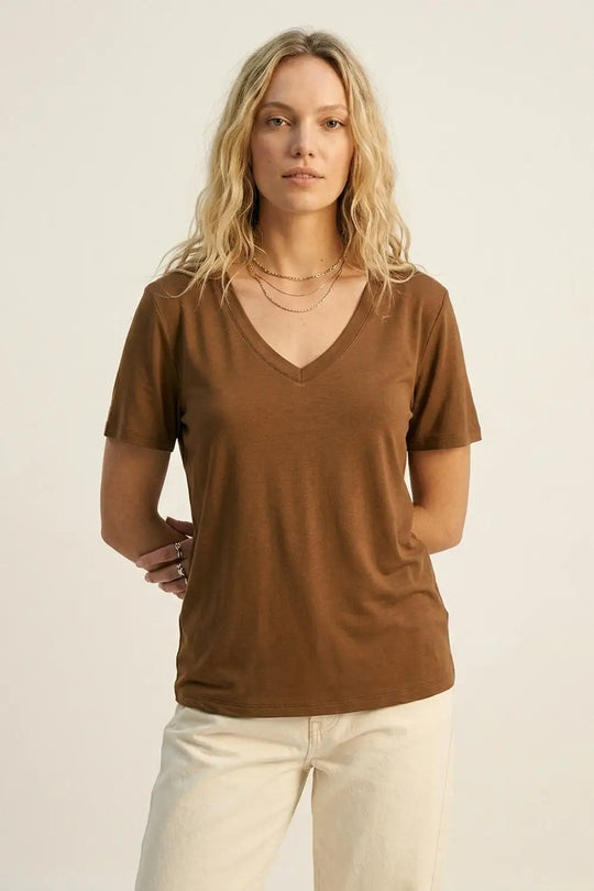 Brown Soft wide V-Neck t-shirt in viscose fabric - BROWN / ONE - T-Shirts