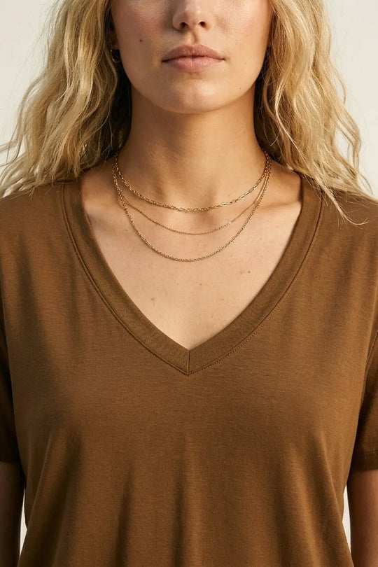 Brown Soft wide V-Neck t-shirt in viscose fabric - BROWN / ONE - T-Shirts