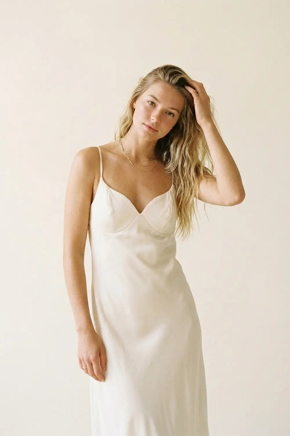 Cream Slip Dress with Adjustable Straps and V-Neckline - Dresses