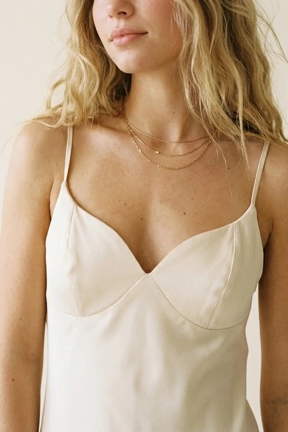 Cream Slip Dress with Adjustable Straps and V-Neckline - Dresses