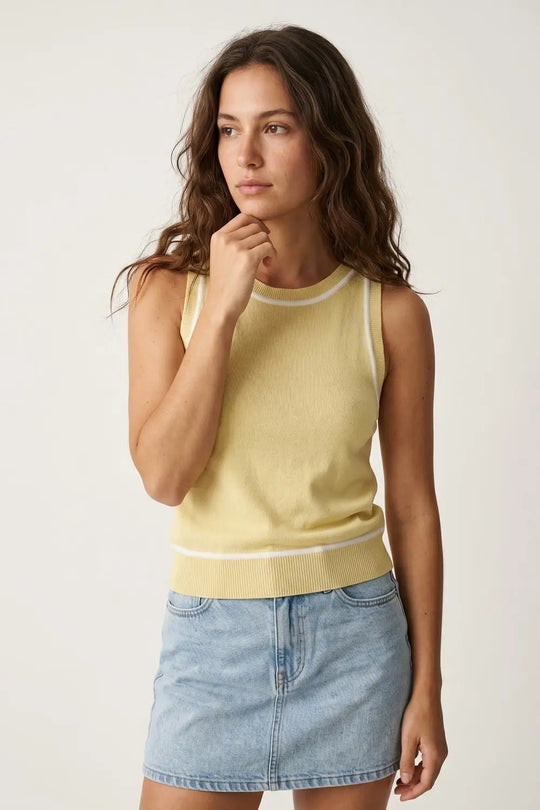 Sleeveless Knitted top In butter yellow Featuring detail white Lines - YELLOW / ONE - Tops