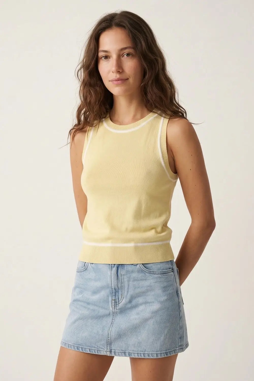Sleeveless Knitted top In butter yellow Featuring detail white Lines - YELLOW / ONE - Tops