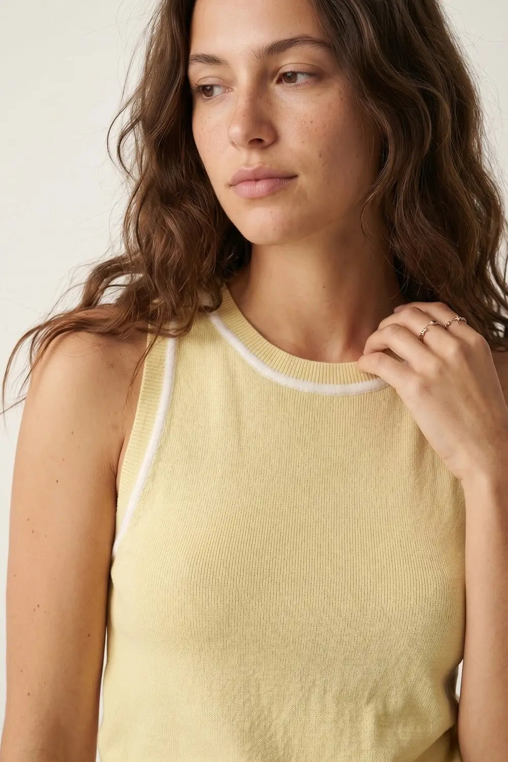 Sleeveless Knitted top In butter yellow Featuring detail white Lines - YELLOW / ONE - Tops
