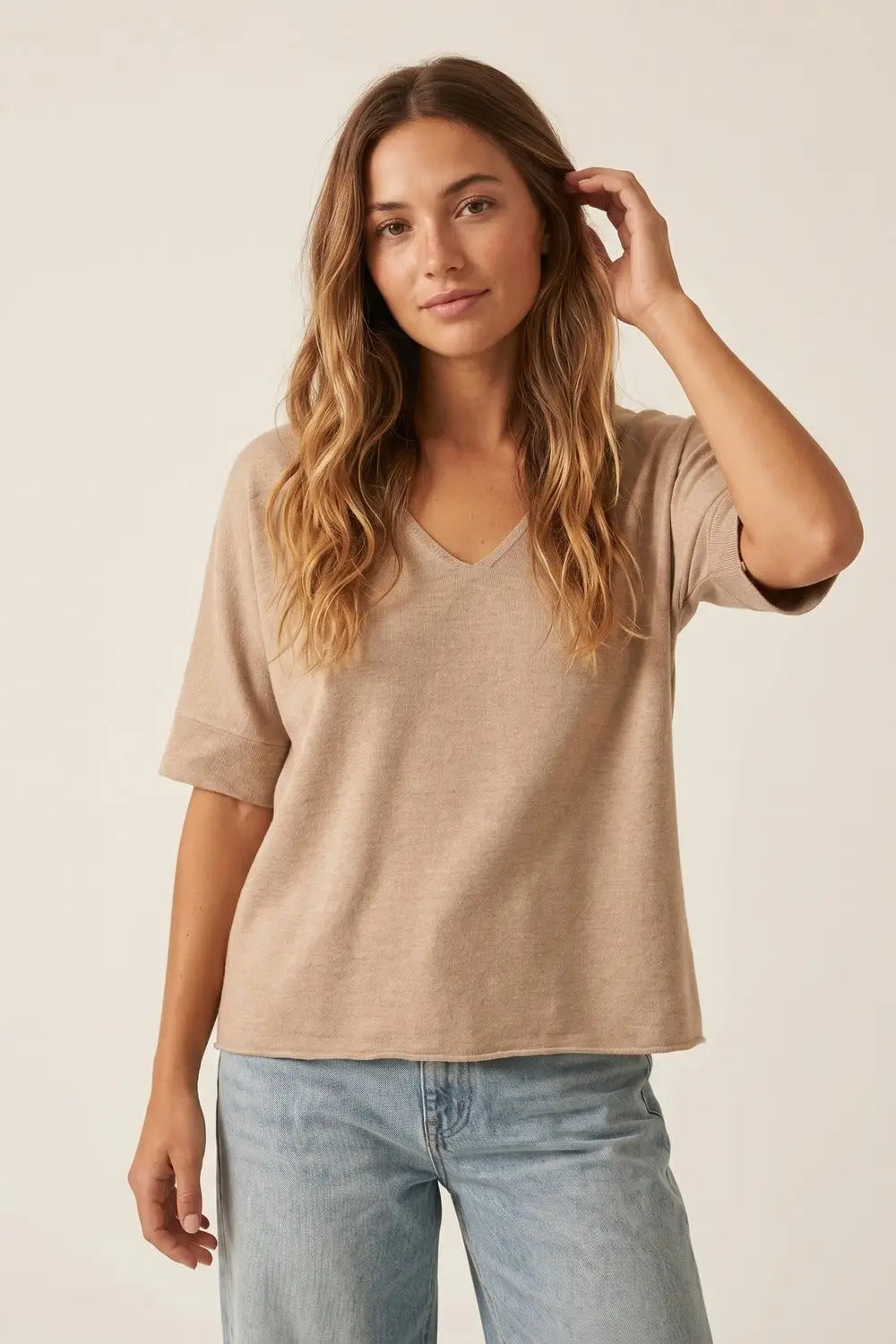 Beige V-Neck Relaxed Fit Knit Top - BEIGE / ONE - Sweaters