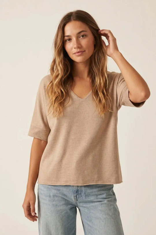 Beige V-Neck Relaxed Fit Knit Top - BEIGE / ONE - Sweaters