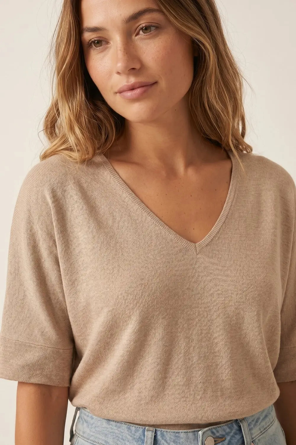 Beige V-Neck Relaxed Fit Knit Top - BEIGE / ONE - Sweaters