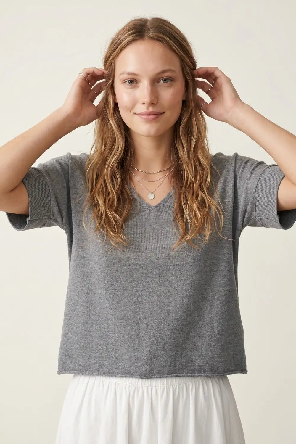 Grey Relaxed V-Neck Short Sleeve Knit Top - GRAY / ONE - Sweaters