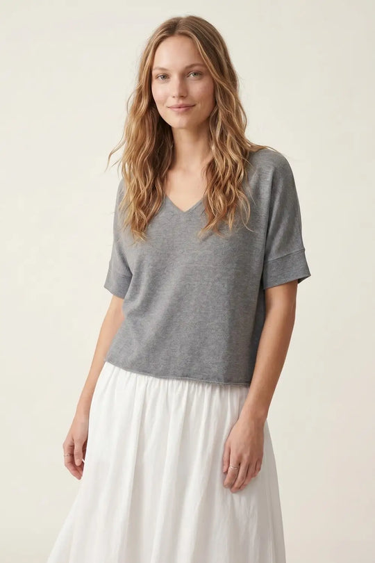 Grey Relaxed V-Neck Short Sleeve Knit Top - GRAY / ONE - Sweaters