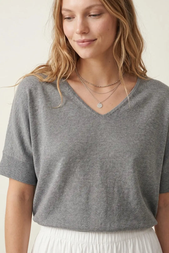 Grey Relaxed V-Neck Short Sleeve Knit Top - GRAY / ONE - Sweaters