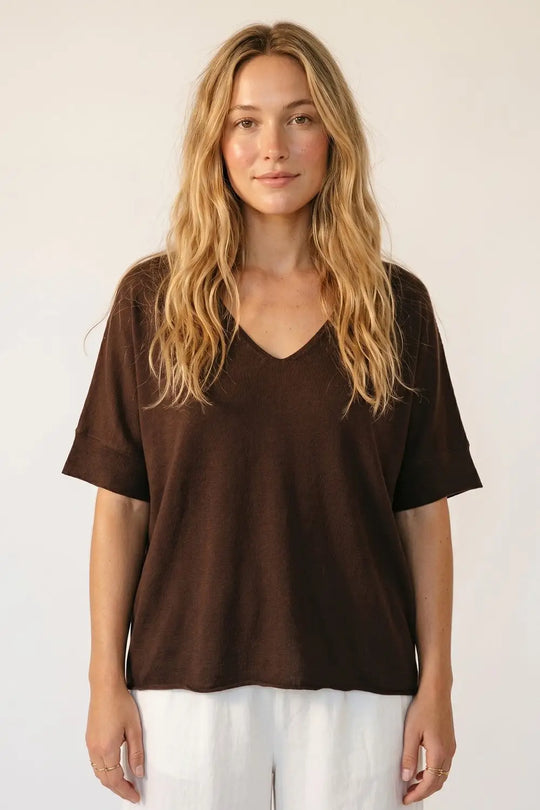 Brown Relaxed V-Neck Knit Top with Short Sleeves - BROWN / ONE - Sweaters