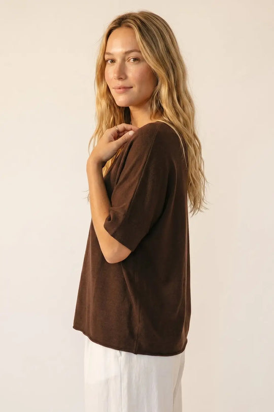 Brown Relaxed V-Neck Knit Top with Short Sleeves - BROWN / ONE - Sweaters