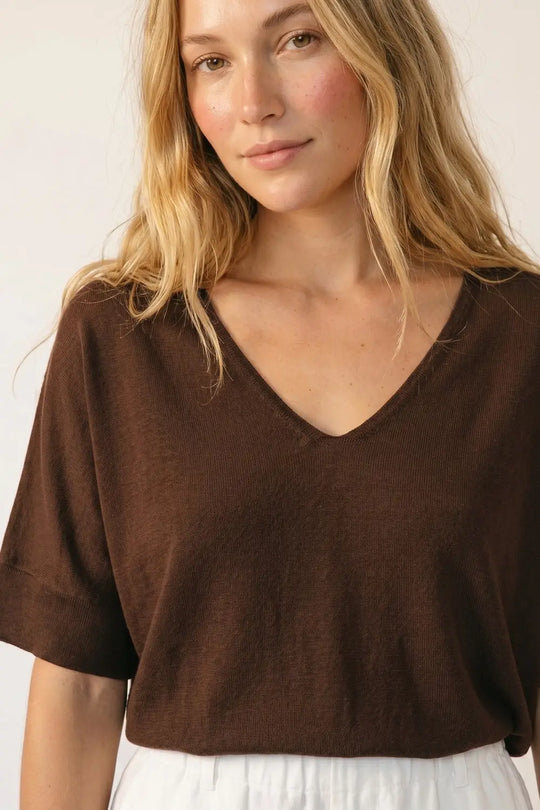 Brown Relaxed V-Neck Knit Top with Short Sleeves - BROWN / ONE - Sweaters