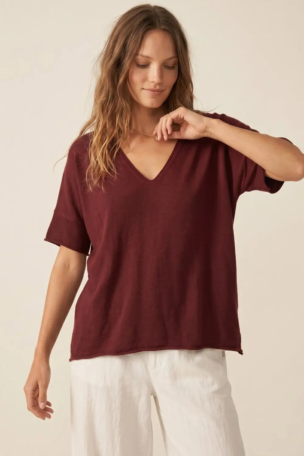 Burgundy Relaxed V-Neck Short Sleeve Knit Top - MAROON / ONE - Sweaters